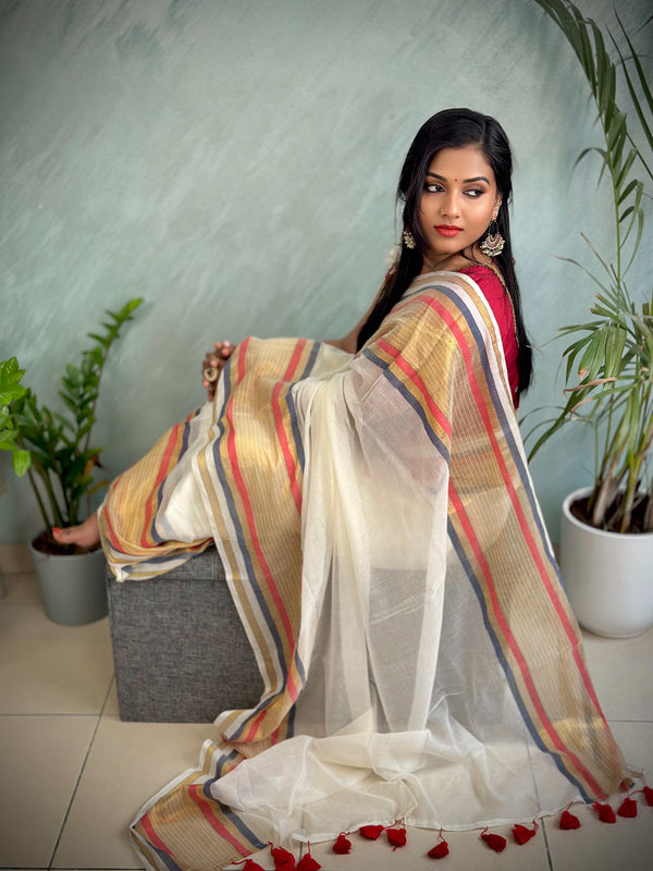 Mul Cotton Saree with Zari Stripes