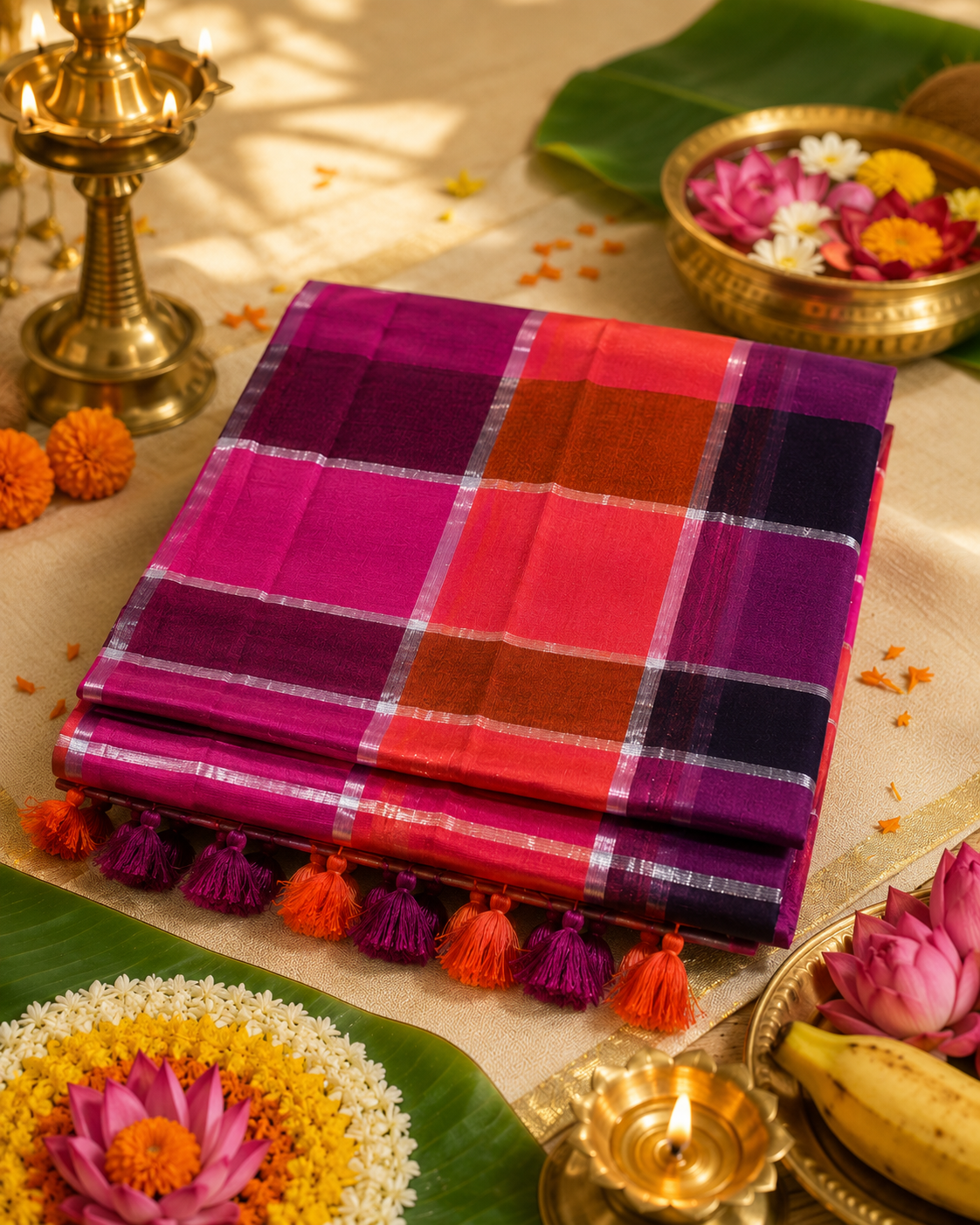 Multi color madras checks 120 Count Pure Mulcotton Saree