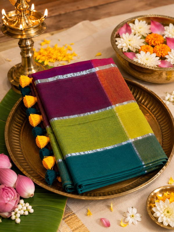 Multi color madras checks120 Count Pure Mulcotton Saree