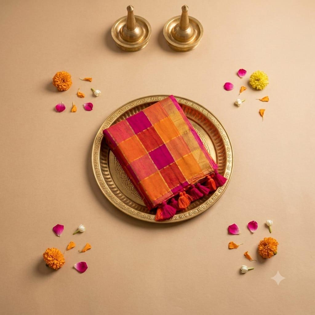 120 Count Pure Mulcotton Saree in check design