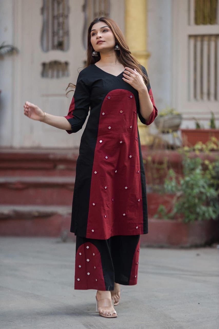 Maroon and Black mirror work Co-ord Set