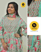 Pista Green Floral Cotton Anarkali – 3-Piece Set