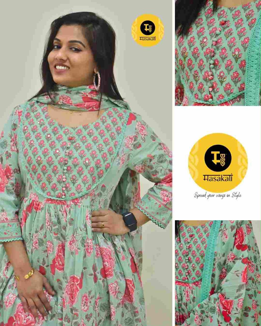 Pista Green Floral Cotton Anarkali – 3-Piece Set
