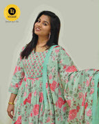 Pista Green Floral Cotton Anarkali – 3-Piece Set