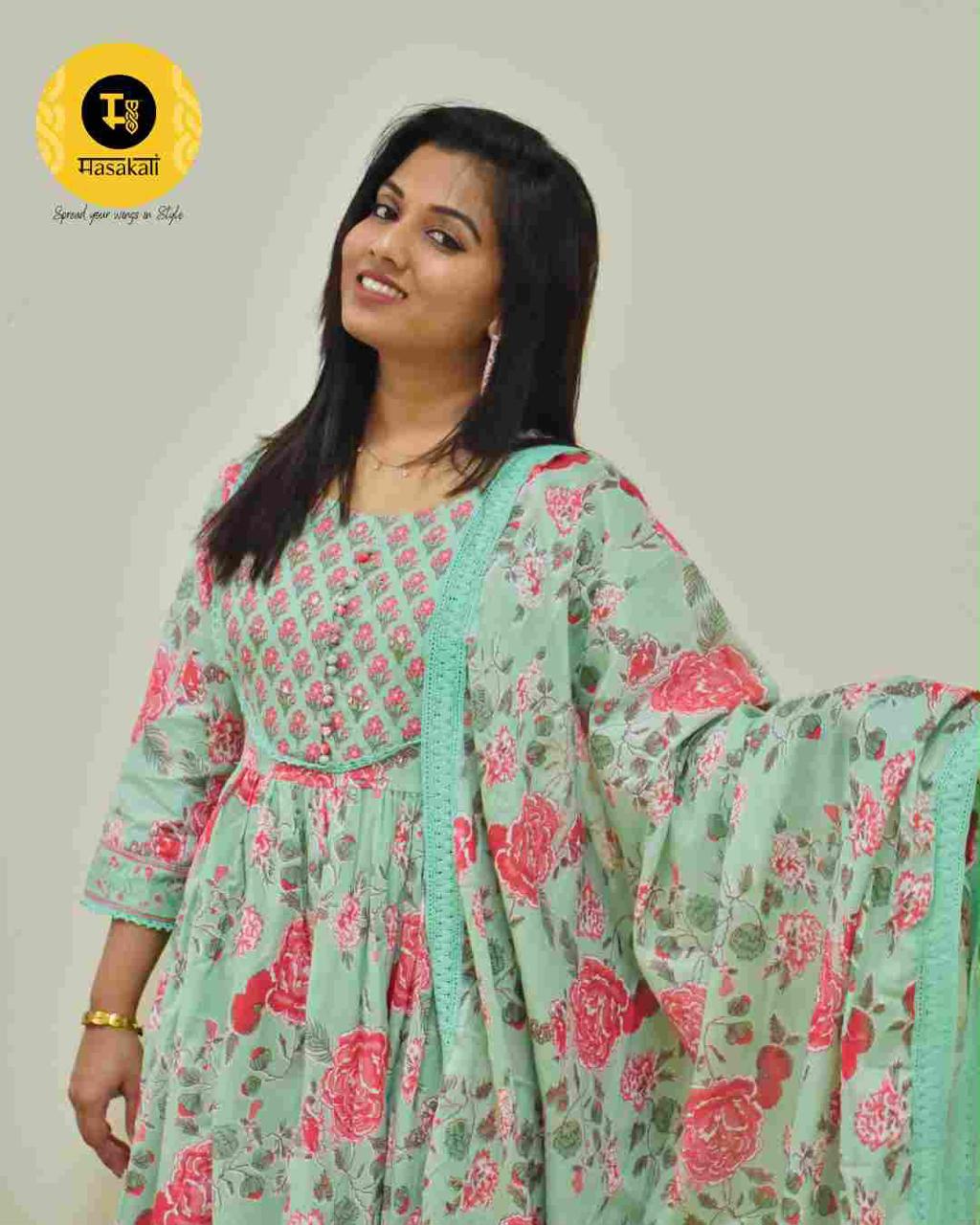Pista Green Floral Cotton Anarkali – 3-Piece Set