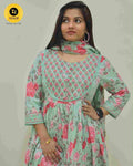Pista Green Floral Cotton Anarkali – 3-Piece Set