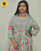 Pista Green Floral Cotton Anarkali – 3-Piece Set