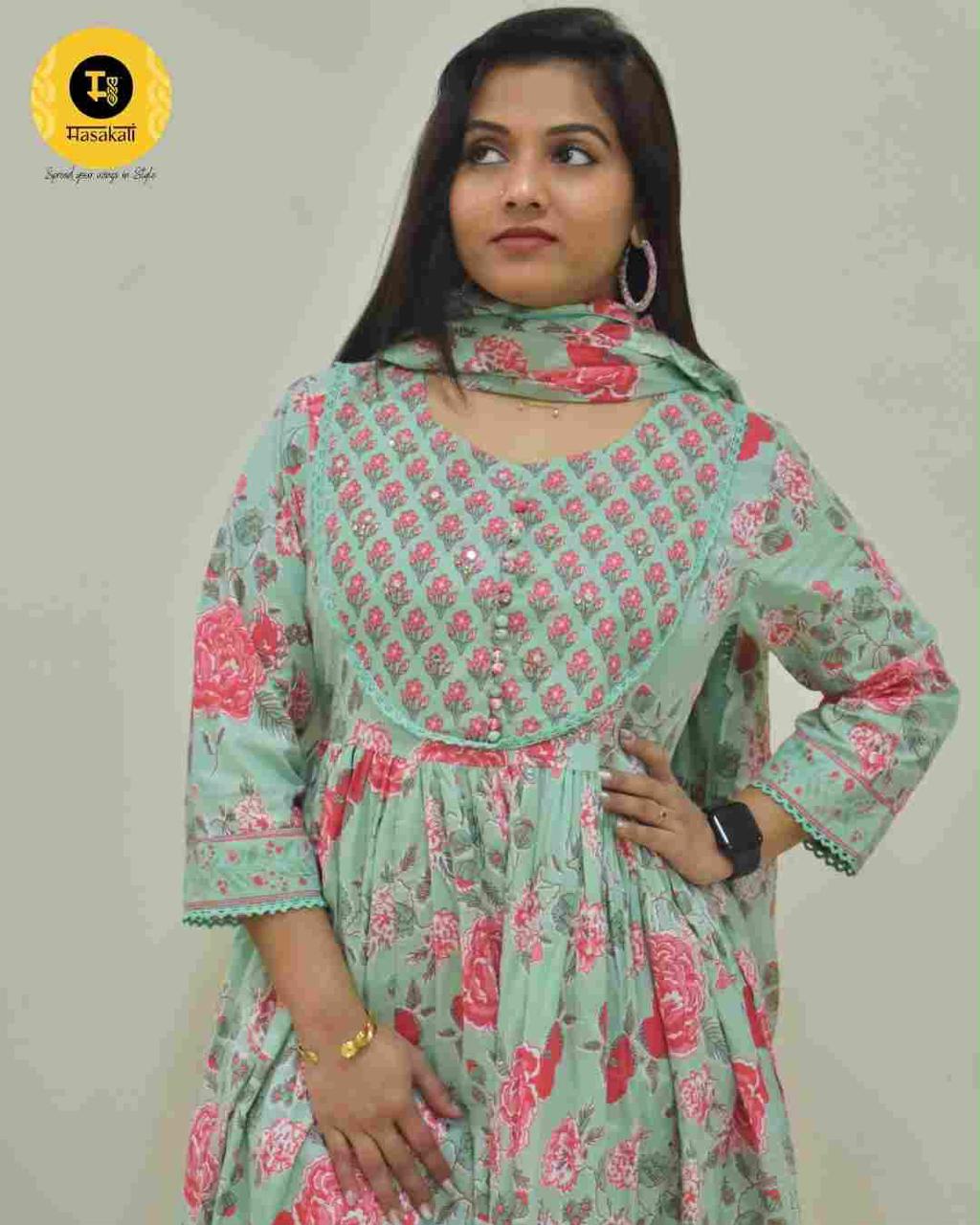 Pista Green Floral Cotton Anarkali – 3-Piece Set