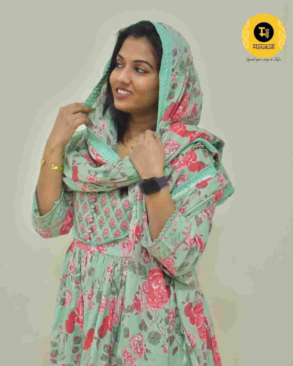 Pista Green Floral Cotton Anarkali – 3-Piece Set