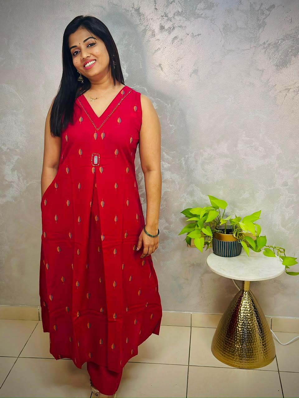 Kumkum color Jamdani Handloom Cotton Kurta – Sleeveless