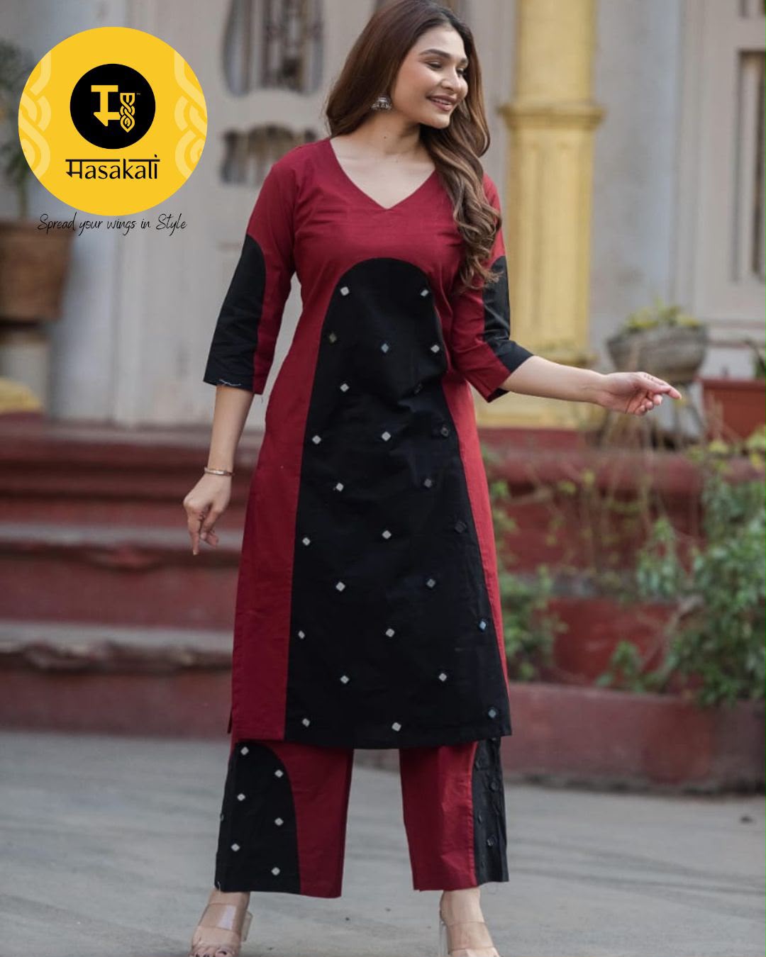 Maroon and black Handloom Cotton Mirrorwork Corset – 2-Piece Set