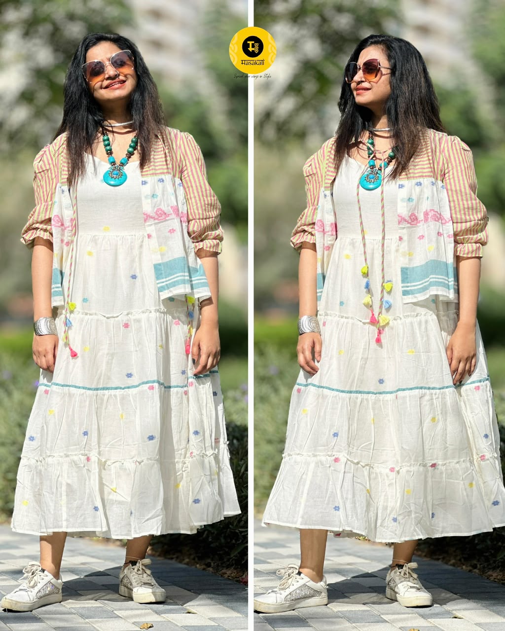 Pure Mul Cotton Jamdhani Weave Midi Jacket Dress