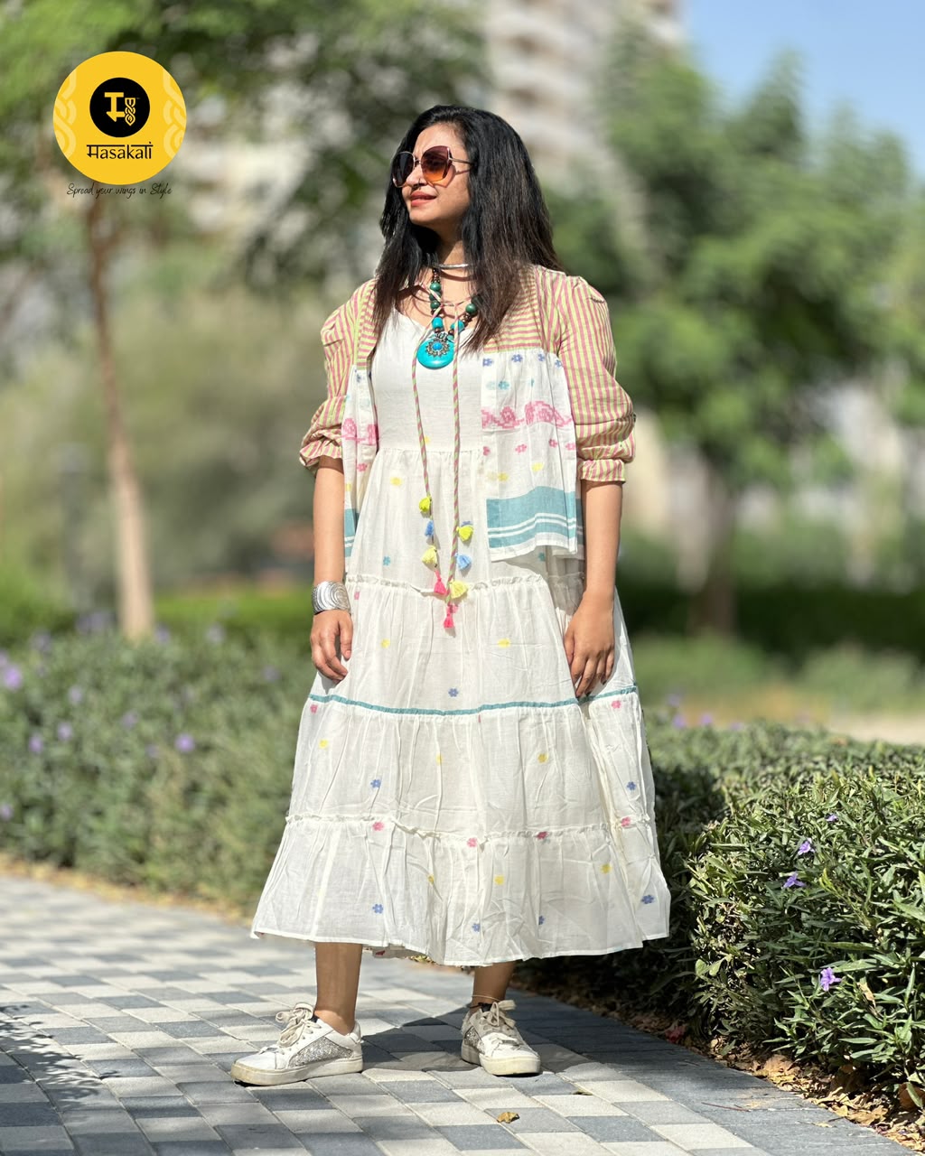 Pure Mul Cotton Jamdhani Weave Midi Jacket Dress