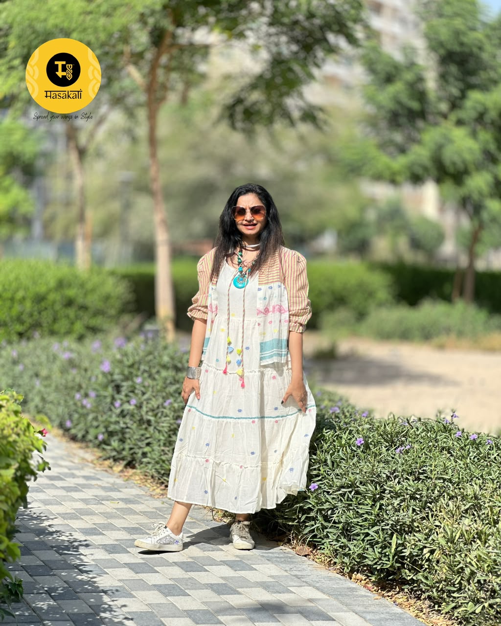 Pure Mul Cotton Jamdhani Weave Midi Jacket Dress