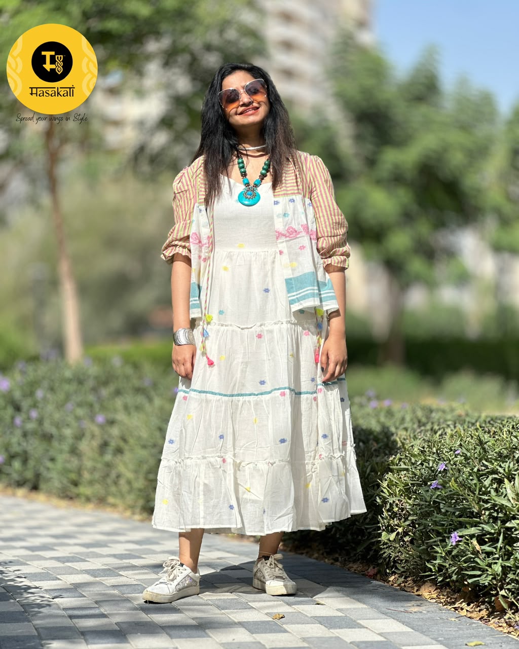 Pure Mul Cotton Jamdhani Weave Midi Jacket Dress