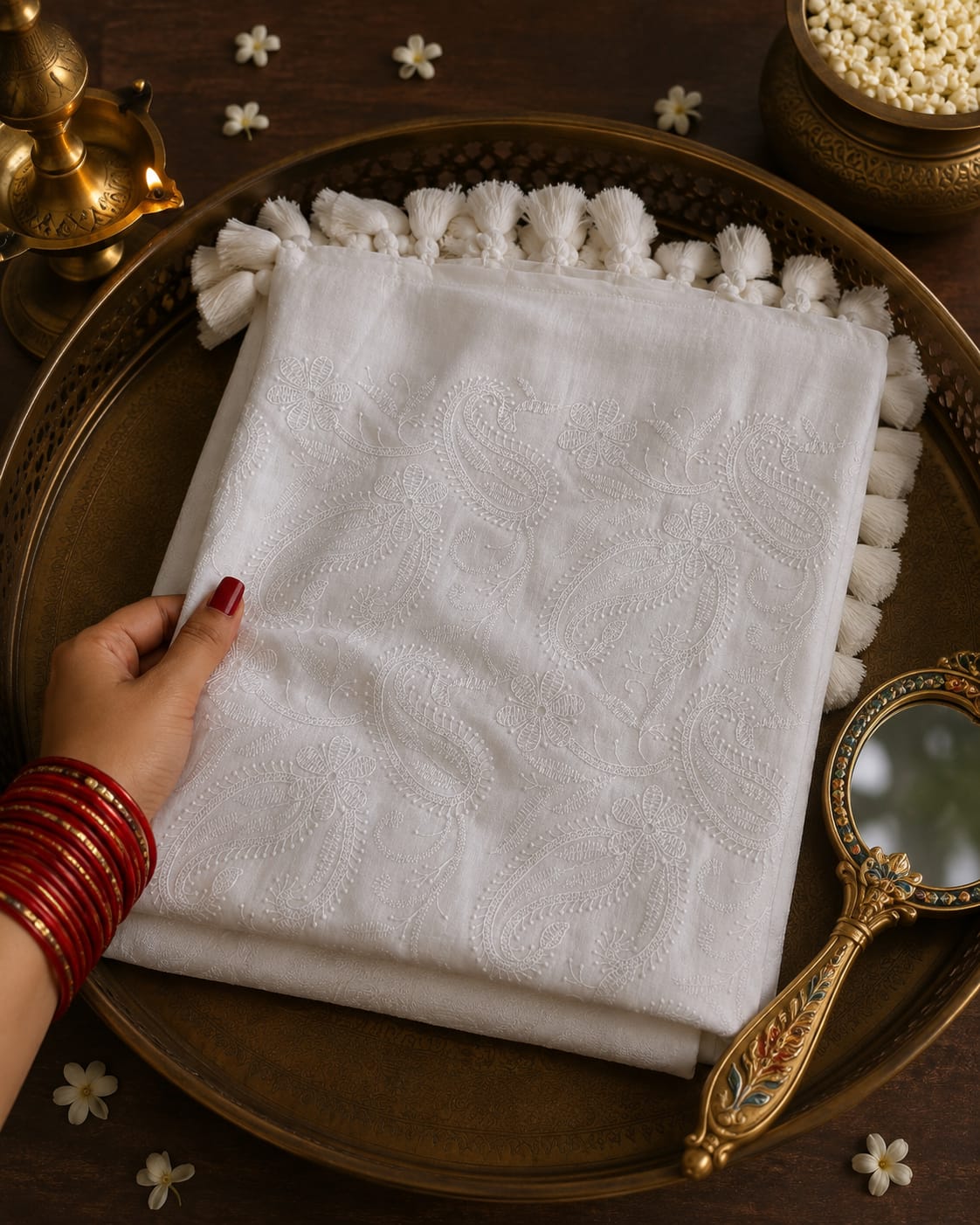 Chikankari-Inspired Mul Cotton Saree with White Color Embroidery all over