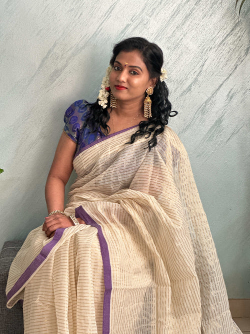 Mul Cotton Saree with Zari Stripes