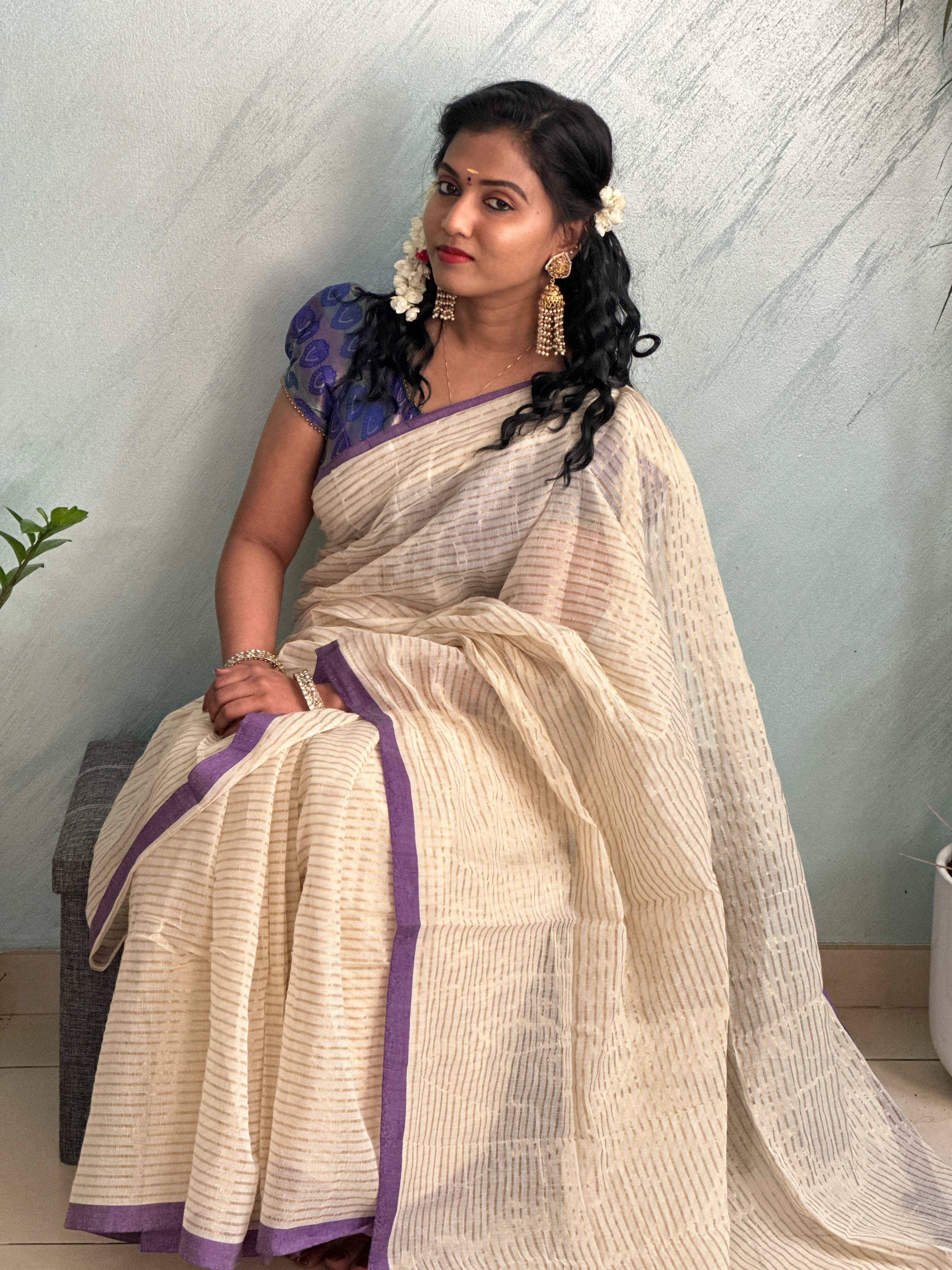 Mul Cotton Saree with Zari Stripes